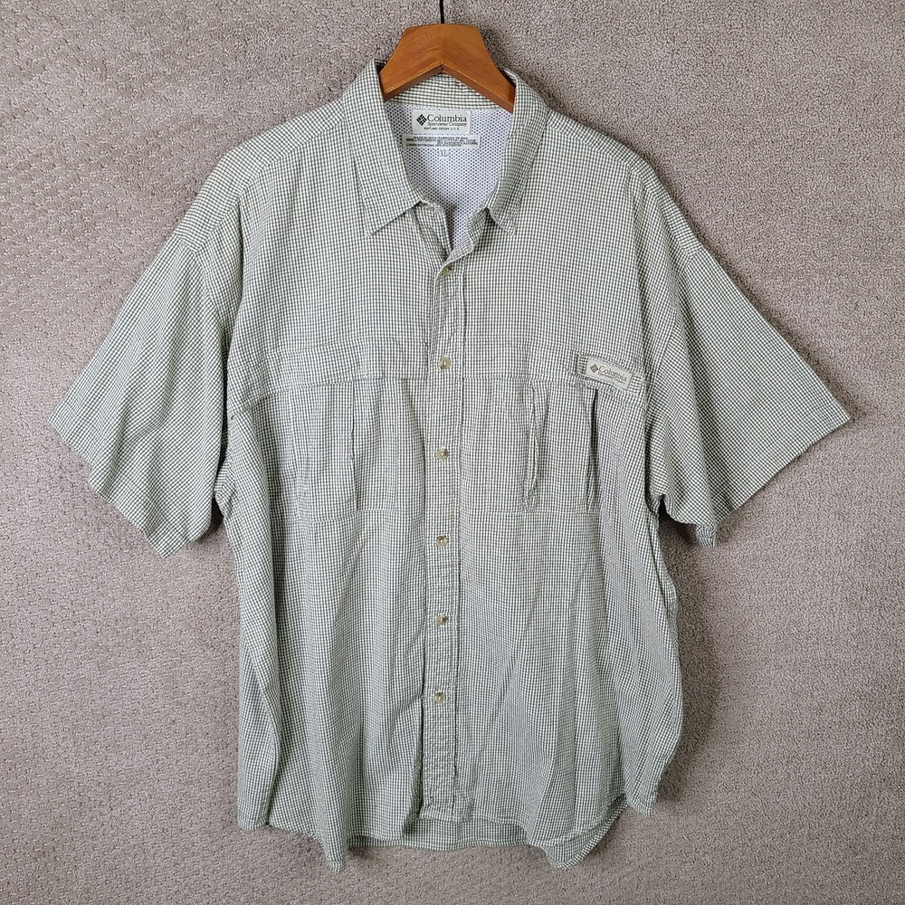 Vintage Columbia Shirt Mens XL Green Check Button Down Mesh Lined Vented Fishing